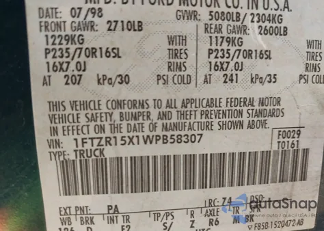 1998 Ford Ranger Splash/Xl/Xlt из США, поврежденный, VIN 1FTZR15X1WPB58307